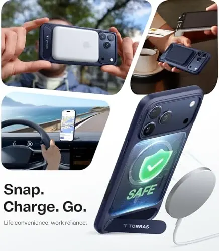 TORRAS iPhone 17 Pro uchun kuchli magnitli va choksiz stend gʻilofi, MagSafe uchun mos, harbiy darajadagi himoya, oʻrnatilgan tirgak, kamera boshqaruvi, shaffof zarbga chidamli ingichka 17 Pro gʻilofi Ostand, toʻq koʻk - 3
