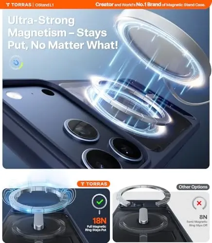 TORRAS iPhone 17 Pro uchun kuchli magnitli va choksiz stend gʻilofi, MagSafe uchun mos, harbiy darajadagi himoya, oʻrnatilgan tirgak, kamera boshqaruvi, shaffof zarbga chidamli ingichka 17 Pro gʻilofi Ostand, toʻq koʻk - 6