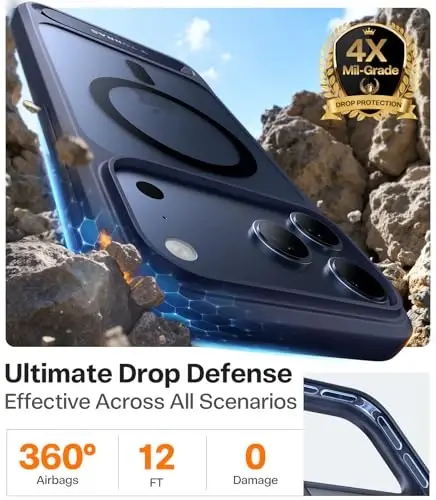 TORRAS iPhone 17 Pro uchun kuchli magnitli va choksiz stend gʻilofi, MagSafe uchun mos, harbiy darajadagi himoya, oʻrnatilgan tirgak, kamera boshqaruvi, shaffof zarbga chidamli ingichka 17 Pro gʻilofi Ostand, toʻq koʻk - 4