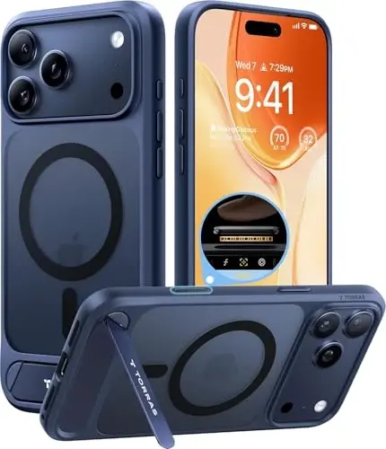 TORRAS iPhone 17 Pro uchun kuchli magnitli va choksiz stend gʻilofi, MagSafe uchun mos, harbiy darajadagi himoya, oʻrnatilgan tirgak, kamera boshqaruvi, shaffof zarbga chidamli ingichka 17 Pro gʻilofi Ostand, toʻq koʻk - TORRAS