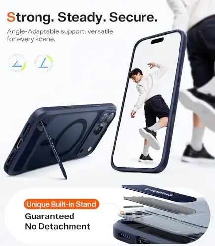 TORRAS iPhone 17 Pro uchun kuchli magnitli va choksiz stend gʻilofi, MagSafe uchun mos, harbiy darajadagi himoya, oʻrnatilgan tirgak, kamera boshqaruvi, shaffof zarbga chidamli ingichka 17 Pro gʻilofi Ostand, toʻq koʻk - 3