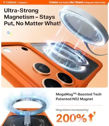 TORRAS iPhone 17 Pro uchun kuchli magnitli va choksiz stend gʻilofi, MagSafe uchun mos, harbiy darajadagi himoya, oʻrnatilgan tirgak, kamera boshqaruvi, yarim shaffof ingichka 17 Pro gʻilofi Ostand, Cosmic Orange - 3