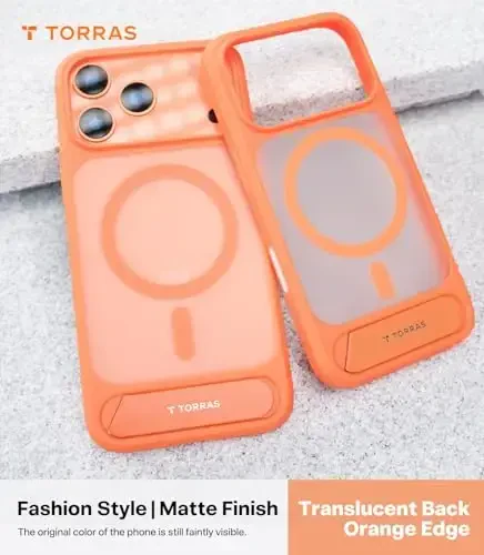 TORRAS iPhone 17 Pro uchun kuchli magnitli va choksiz stend gʻilofi, MagSafe uchun mos, harbiy darajadagi himoya, oʻrnatilgan tirgak, kamera boshqaruvi, yarim shaffof ingichka 17 Pro gʻilofi Ostand, Cosmic Orange - 6