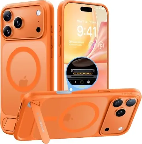TORRAS iPhone 17 Pro uchun kuchli magnitli va choksiz stend gʻilofi, MagSafe uchun mos, harbiy darajadagi himoya, oʻrnatilgan tirgak, kamera boshqaruvi, yarim shaffof ingichka 17 Pro gʻilofi Ostand, Cosmic Orange - 3