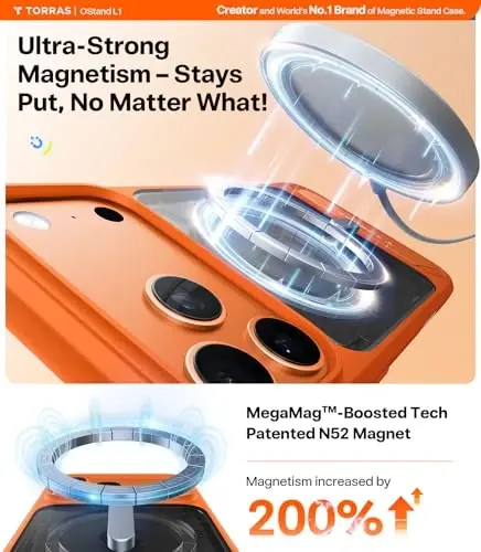 TORRAS iPhone 17 Pro uchun kuchli magnitli va choksiz stend gʻilofi, MagSafe uchun mos, harbiy darajadagi himoya, oʻrnatilgan tirgak, kamera boshqaruvi, yarim shaffof ingichka 17 Pro gʻilofi Ostand, Cosmic Orange - 4