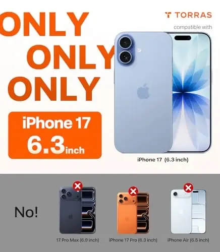 TORRAS iPhone 17 uchun g‘ilof, tiniq, [sarg‘ayishga qarshi][harbiy darajadagi himoya], o‘ta yupqa shaffof tirnalishga qarshi orqa qism, yumshoq bamper, sirpanmaydigan himoya g‘ilofi, tiniq 6.3 dyuym - 2