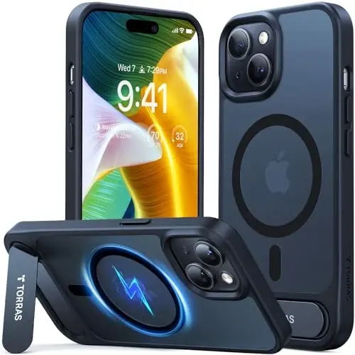 TORRAS Kuchli Magnitli & Yaxlit Stendli iPhone 15 Uchun Chexol, MagSafe Uchun Mos, Harbiy Daraja Tushishdan Himoya, iPhone 15 Uchun Sozlanuvchi Stendli Chexol, Yupqa Matli Qora - 3
