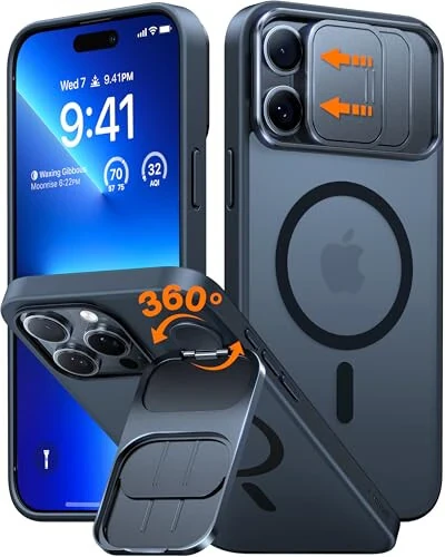 TORRAS Magnetic Shockproof for iPhone 16 Pro Case with Slide Camera Cover & 360° Spin Kickstand, Military Grade Drop Protection, Fit for MagSafe, Anti-Scratch & Anti-Fingerprint, Translucent Black - TORRAS