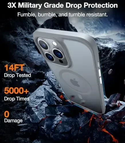 TORRAS Magnetic Shockproof iPhone 15 Pro uchun g'ilof, [Harbiy darajadagi zarba sinovidan o'tgan] [MagSafe bilan mos] Yarim shaffof ingichka himoya, PC & TPU, Barmoq izlariga qarshi himoya Guardian Mag 2023, Kulrang - 5