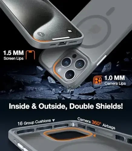TORRAS Magnetic Shockproof iPhone 15 Pro uchun g'ilof, [Harbiy darajadagi zarba sinovidan o'tgan] [MagSafe bilan mos] Yarim shaffof ingichka himoya, PC & TPU, Barmoq izlariga qarshi himoya Guardian Mag 2023, Kulrang - 6