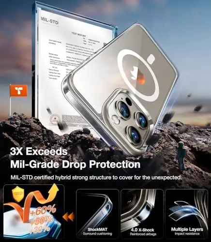 TORRAS Magnetic Shockproof iPhone 15 Pro uchun g'ilof, [Harbiy standartga muvofiq sinovdan o'tgan] [MagSafe bilan mos] Shaffof qattiq kompyuter orqa tomoni silikonli ingichka himoya qopqog'i bilan, barmoq izlariga qarshi, shaffof - 3