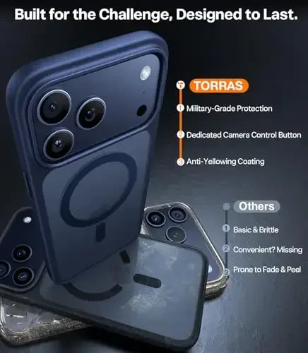 TORRAS Magnetic Shockproof iPhone 17 Pro uchun g'ilof, MagSafe uchun mos, harbiy darajadagi himoya, kamera boshqaruv tugmasi, yupqa yarim shaffof barmoq izlariga qarshi telefon g'ilofi iPhone 17 Pro 6.3