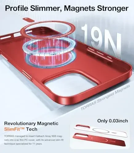TORRAS Magnetic Slim Fit for iPhone 16 Pro Case 6.3 inch, Ultra-Thin 16 Pro Case Compatible with MagSafe, Lightweight Matte Anti-Scratch Hard PC Cover Phone Case for iPhone 16 Pro OriginFit, Red - 4