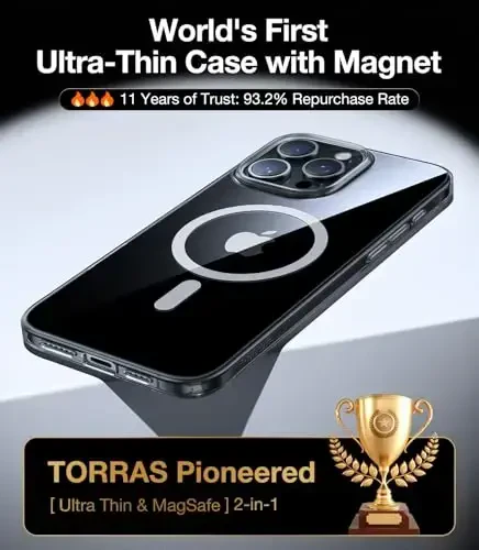 TORRAS Magnetic Slim Fit for iPhone 16 Pro Case, 6.3 inch, Ultra-Thin, Compatible with MagSafe, Lightweight Matte Anti-Scratch Hard PC Cover Phone Case, Clear Black - 2