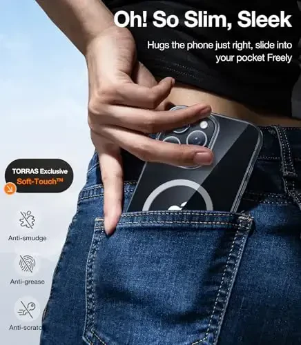 TORRAS Magnetic Slim Fit for iPhone 16 Pro Case, 6.3 inch, Ultra-Thin, Compatible with MagSafe, Lightweight Matte Anti-Scratch Hard PC Cover Phone Case, Clear Black - 6