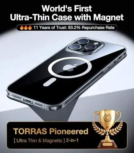 TORRAS Magnetic Slim-Fit iPhone 16 Pro Max Case 6.9 dyuym uchun, Ultra-ingichka 16 ProMax telefon g‘ilofi MagSafe bilan mos, Yengil tirnalishga qarshi mat qattiq kompyuter Bayer OriginFit, Shaffof - 3