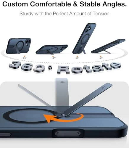 TORRAS Magnitli 360° Stendli Chexol iPhone 16 uchun, [Toʻliq Kamera Himoyasi] [MagSafe ga mos keladi] [16 fut harbiy darajali tushishdan himoya] Yupqa matli chexol 16 iPhone telefoni uchun stend bilan (6.1
