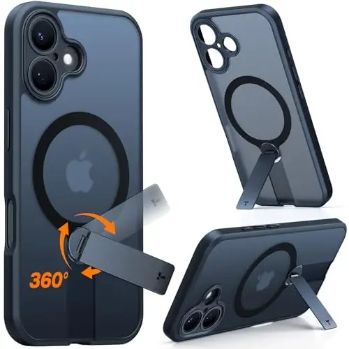 TORRAS Magnitli 360° Stendli Chexol iPhone 16 uchun, [Toʻliq Kamera Himoyasi] [MagSafe ga mos keladi] [16 fut harbiy darajali tushishdan himoya] Yupqa matli chexol 16 iPhone telefoni uchun stend bilan (6.1