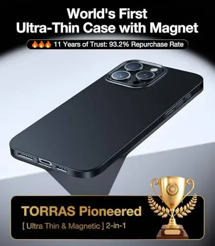 TORRAS Magnitli yupqa iPhone 16 Pro Max korpusi, MagSafe bilan mos keladigan, yupqa 16 ProMax telefon korpusi, yengil tirnalishga qarshi matli qattiq PC Bayer 6.9 dyuym OriginFit, Qora - 3