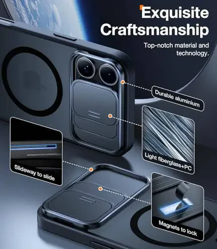 TORRAS Magnitli zararli ta'sirga chidamli iPhone 16 Pro uchun himoya korpusi, surish kamera qopqog'i va 360° aylanuvchi stendi bilan. Harbiy darajadagi tushishdan himoya, MagSafe ga mos, tirnalishga va barmoq izlariga qarshi, shaffof qora rang. - 3