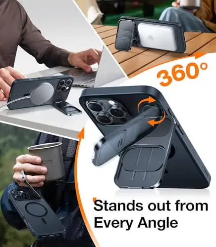 TORRAS Magnitli zararli ta'sirga chidamli iPhone 16 Pro uchun himoya korpusi, surish kamera qopqog'i va 360° aylanuvchi stendi bilan. Harbiy darajadagi tushishdan himoya, MagSafe ga mos, tirnalishga va barmoq izlariga qarshi, shaffof qora rang. - 4