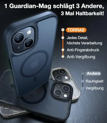 TORRAS Magnitli zarba chidamli iPhone 15, iPhone 14 himoya qobiqlari. 12 fut harbiy daraja tushirishdan himoya, shaffof yupqa himoya qiluvchi tirnalishga qarshi, qora rang. - 6