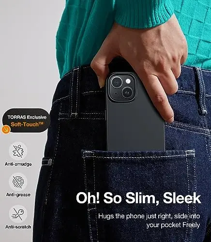 TORRAS Магнитный тонкий чехол для iPhone 15, совместимый с MagSafe, ультратонкий чехол для iPhone 15, матовый жесткий PC чехол с бархатистой поверхностью и антицарапинным покрытием для iPhone 15, черный - 5