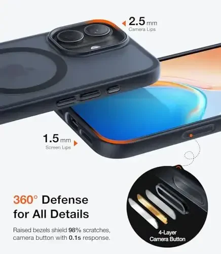 TORRAS Magnetic Shockproof for iPhone 17 case with Camera Control, [12FT Military Grade Drop Protection][Fit for MagSafe], Slim Translucent Anti-Fingerprint & Soft Touch Case for iPhone 17, Black - 2
