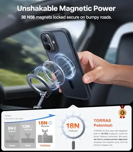 TORRAS Magnetic Shockproof for iPhone 17 case with Camera Control, [12FT Military Grade Drop Protection][Fit for MagSafe], Slim Translucent Anti-Fingerprint & Soft Touch Case for iPhone 17, Black - 3