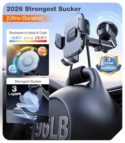 TORRAS Military-Grade Phone Holders for Your Car【96+LBS Strongest Suction】Car Phone Holder Mount, Ultra-Durable Cell Phone Car Mount Truck for Dashboard Windshield Vent for iPhone 17 16 15 Pro Max Air - 1
