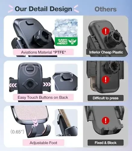 TORRAS Pink Phone Holders for Your Car【Ultra-Durable & Strongest Suction】, Universal Car Phone Holder Mount Truck Cradle Stand for Dashboard Windshield Vent, Pink Car Accessories - 6