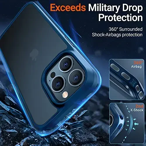 TORRAS Shockproof Compatible for iPhone 13 Pro Case, [Military-Grade Drop Tested] Translucent Matte Hard PC Back with Soft Silicone Edge Slim Protective Phone Guardian, Blue - 2