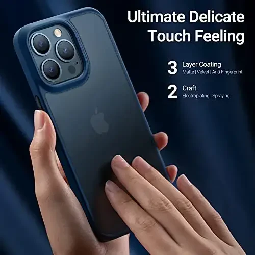 TORRAS Shockproof Compatible for iPhone 13 Pro Case, [Military-Grade Drop Tested] Translucent Matte Hard PC Back with Soft Silicone Edge Slim Protective Phone Guardian, Blue - 4