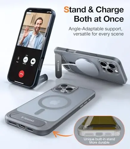 TORRAS Strong Magnetic & Seamless iPhone 16 Pro uchun g'ilof, MagSafe uchun mos, harbiy standartga mos tushishga chidamli sozlanishi olinadigan tirgakli himoya yupqa g'ilof iPhone 16 Pro 6.3