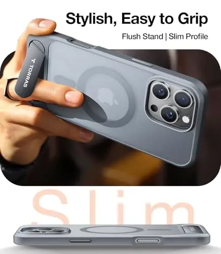 TORRAS Strong Magnetic & Seamless iPhone 16 Pro uchun g'ilof, MagSafe uchun mos, harbiy standartga mos tushishga chidamli sozlanishi olinadigan tirgakli himoya yupqa g'ilof iPhone 16 Pro 6.3