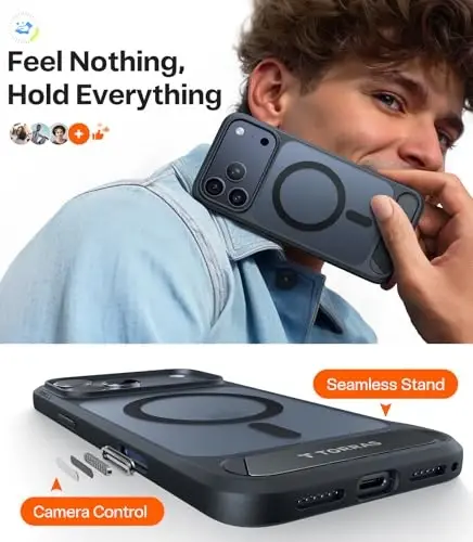 TORRAS Strong Magnetic & Seamless Stand for iPhone 17 Pro Case, Fit for MagSafe, Militray Grade Protection, Built-in Kickstand, Camera Control, Translucent Shockproof Slim 17 Pro Cover Ostand, Black - 5