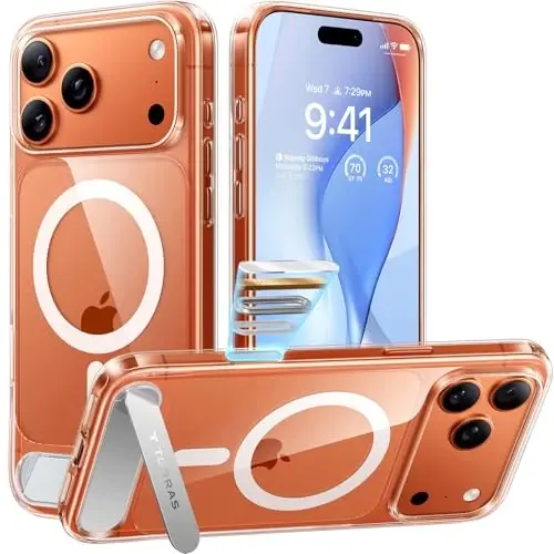 TORRAS Strong Magnetic & Seamless Stand for iPhone 17 Pro Case, Fit for MagSafe, Militray Grade Protection, Camera Control, Built-in Kickstand Slim Case for iPhone 17 Pro Cover, Anti-Yellowing Clear - TORRAS