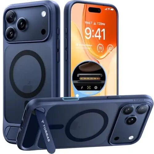 TORRAS Strong Magnetic Seamless Stand for iPhone 17 Pro Max Case Deep Blue | Fit for MagSafe, Military Grade Drop Protection, Invisible Adjustable Kickstand, Camera Control Button, Translucent Matte - TORRAS