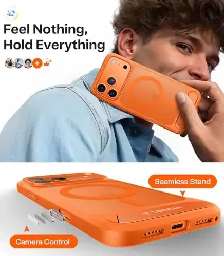 TORRAS Strong Magnetic & Seamless Stand for iPhone 17 Pro Max Case, Fit for MagSafe, Military Grade Drop Protection, Adjustable Kickstand for iPhone 17 Pro Max Case Translucent Matte Cosmic Orange - 6