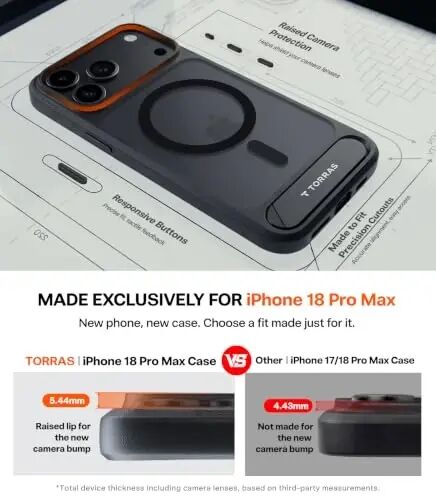 TORRAS Stronger Magnetic & Seamless Stand for iPhone 18 Pro Max Case Black | Fit for MagSafe, Durable Kickstand, 4X Military-Grade Protection, Impact Cushioning, Camera Control Button, Translucent Matte - 6
