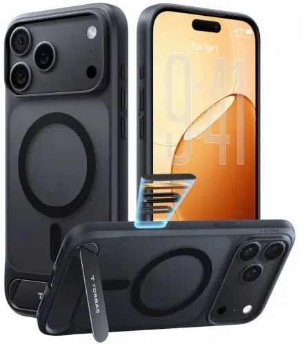 TORRAS Stronger Magnetic & Seamless Stand for iPhone 18 Pro Max Case Black | Fit for MagSafe, Durable Kickstand, 4X Military-Grade Protection, Impact Cushioning, Camera Control Button, Translucent Matte - TORRAS