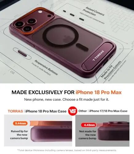 TORRAS Stronger Magnetic & Seamless Stand for iPhone 18 Pro Max Case Purple | Fit for MagSafe, Durable Kickstand, Military-Grade Protection, Impact Cushioning, Camera Control Button, Complements Burgundy - 6