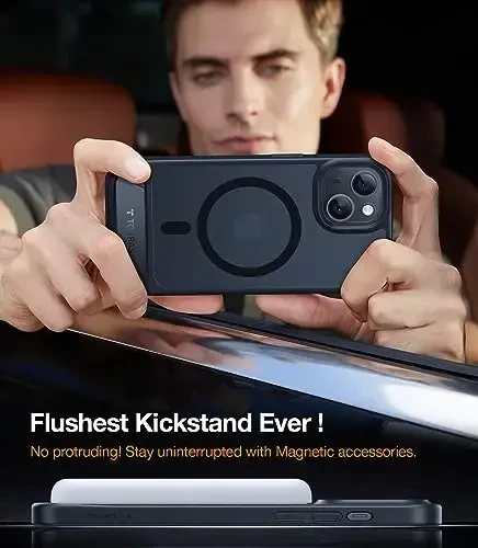 TORRAS Upgrade Magnitli & Stendli iPhone 15 Plus/14 Plus Korpusi, MagSafe ga mos keladi, 12 futli harbiy darajadagi tusishdan himoya, o'rnatilgan kickstandli iPhone 15 Plus korpusi, Pstand seriyasi, shaffof mat qora - 6