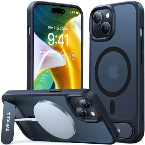 TORRAS Upgrade Magnitli & Stendli iPhone 15 Plus/14 Plus Korpusi, MagSafe ga mos keladi, 12 futli harbiy darajadagi tusishdan himoya, o'rnatilgan kickstandli iPhone 15 Plus korpusi, Pstand seriyasi, shaffof mat qora - 1