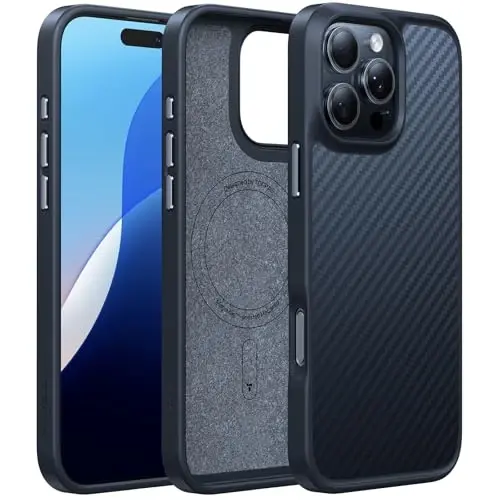 TORRAS Upgraded for iPhone 16 Pro Case Aramid Fiber Back/Black Edge | Compatible with MagSafe, Military Grade Drop Protection, Stronger Magnetic, Shockproof Airbag, Color Button, Slim Anti-Scratch - TORRAS