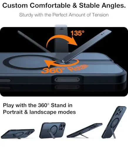 TORRAS yangilangan 360° aylanuvchi stend magnit zarbga chidamli iPhone 16 Pro gʻilofi toʻliq kamera himoyasi bilan, MagSafe uchun mos, 16FT harbiy darajadagi zarbga chidamli ingichka telefon gʻilofi iPhone 16 Pro 6.3