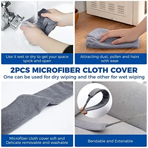 Tortib olinadigan changyutgich tozalash vositalari, 2 ta mikrofiber changlatuvchi mato, uzun dastasi 60 dyuymli, yuviladigan va tortib olinadigan chang cho'tkasi, jihozlar, mebellar, divan, muzlatgich ostidagi tozalash uchun. - 4