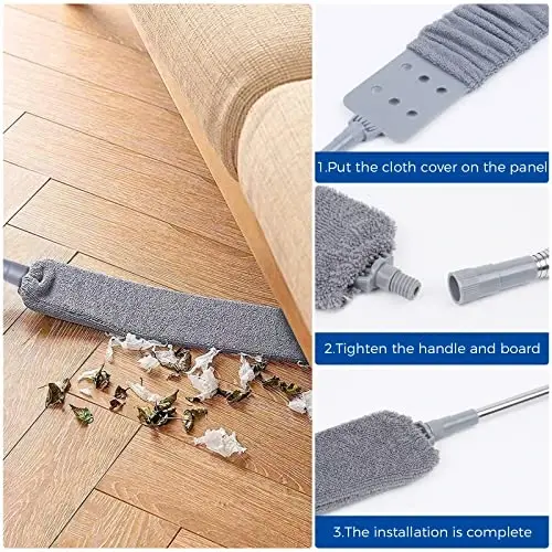 Tortib olinadigan changyutgich tozalash vositalari, 2 ta mikrofiber changlatuvchi mato, uzun dastasi 60 dyuymli, yuviladigan va tortib olinadigan chang cho'tkasi, jihozlar, mebellar, divan, muzlatgich ostidagi tozalash uchun. - 5