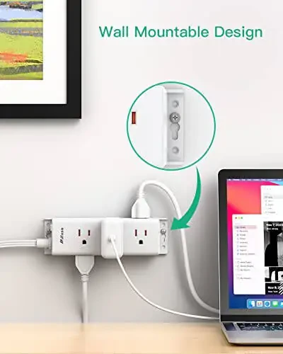 Toʻsatdan kuchlanishdan himoya qiluvchi simli tarqatgich - 9 ta keng joylashtirilgan koʻp kontaktli rozetkalar, devorga oʻrnatish, 5 fut uzatma simli 3 tomonli rozetkalar, uy ofisi uchun tekis vilka - 3