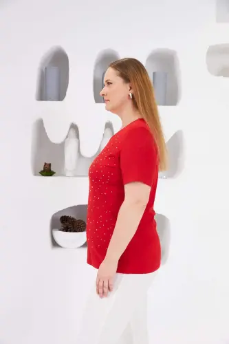 Tosh bilan bezatilgan velosiped yoqali katta o'lchamli futbolka qizil - 3